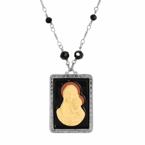 Symbols Of Faith Rectangular Madonna And Child Cameo Black Enamel Pendant Necklace 30"