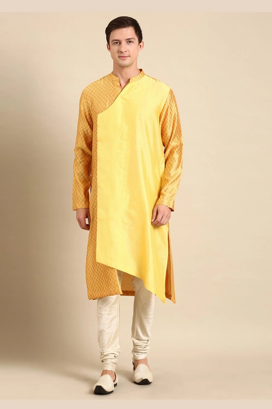 Yellow Jacquard Panelled Kurta Set