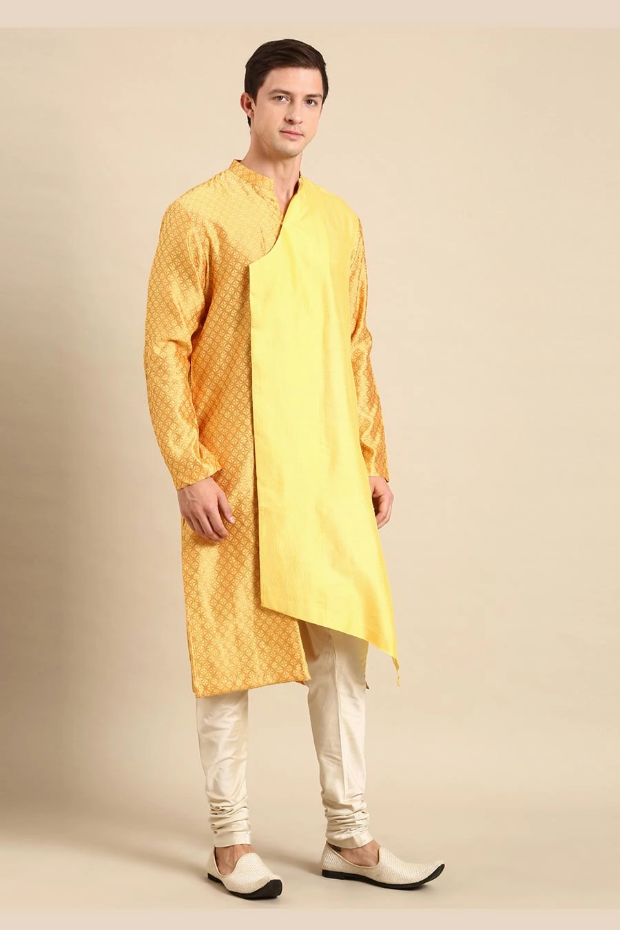Yellow Jacquard Panelled Kurta Set