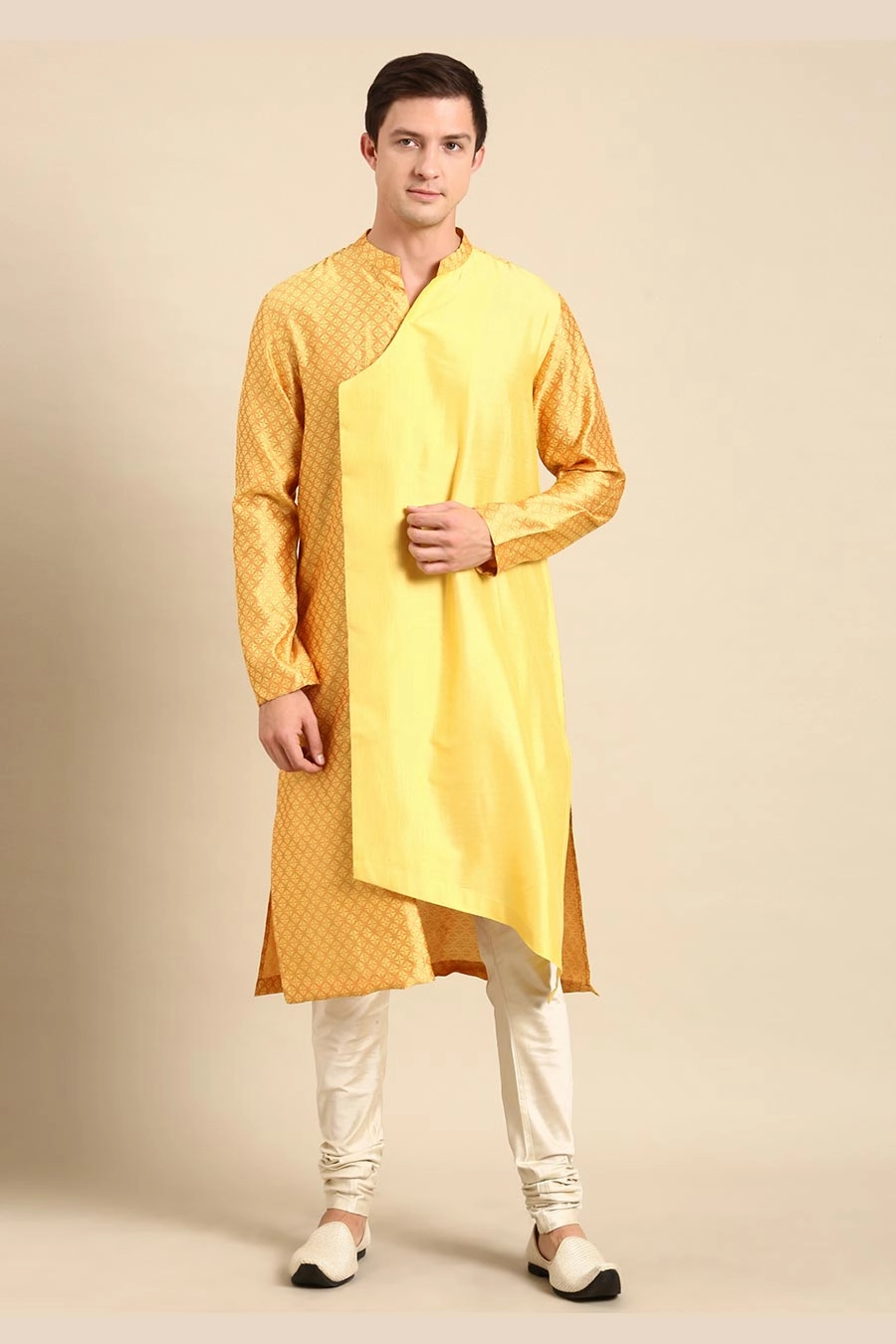 Yellow Jacquard Panelled Kurta Set