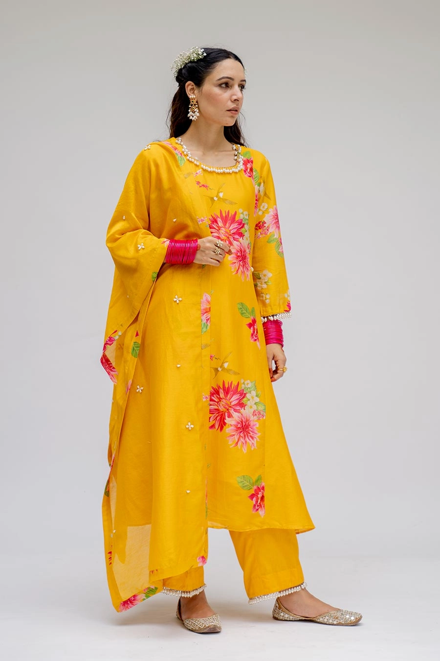 Yellow Panel Kurta Set With Dupatta