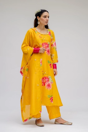 Yellow Panel Kurta Set With Dupatta