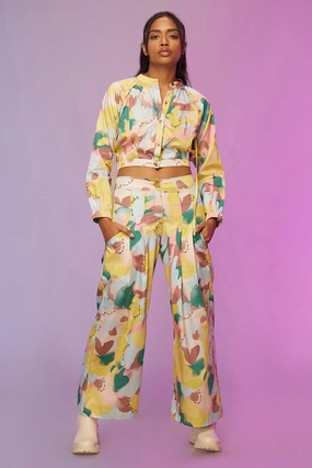 Yellow Printed Crop Top & Pants Co-Ord Set