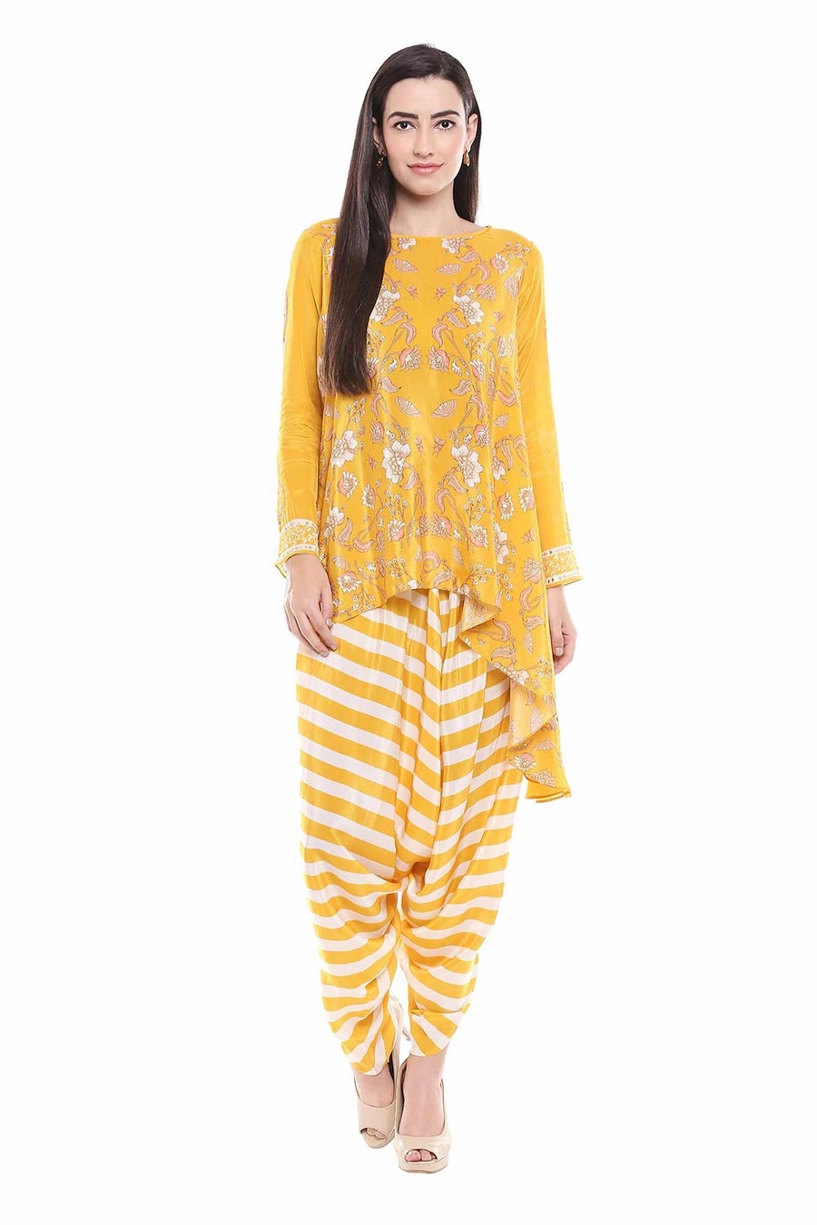 Yellow Printed Kurta & Dhoti Pants Set