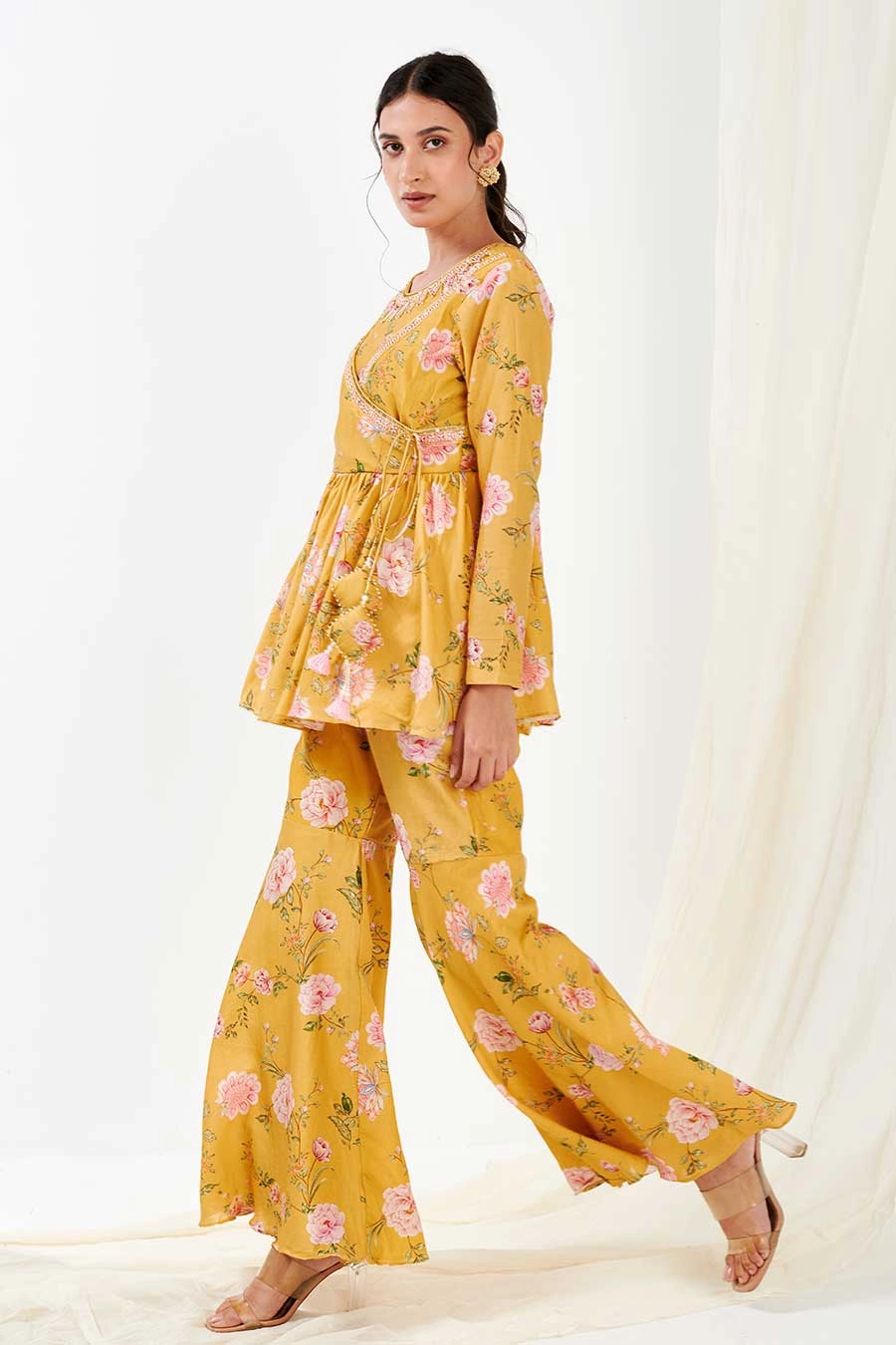 Yellow Printed Peplum & Pants Co-Ord Set
