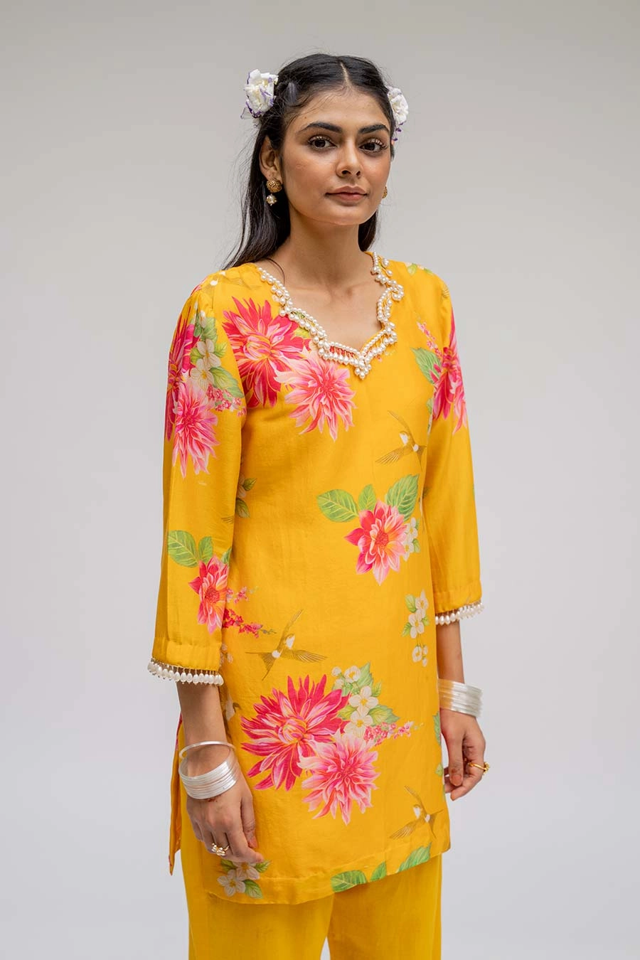 Yellow Printed Short Kurta & Pant