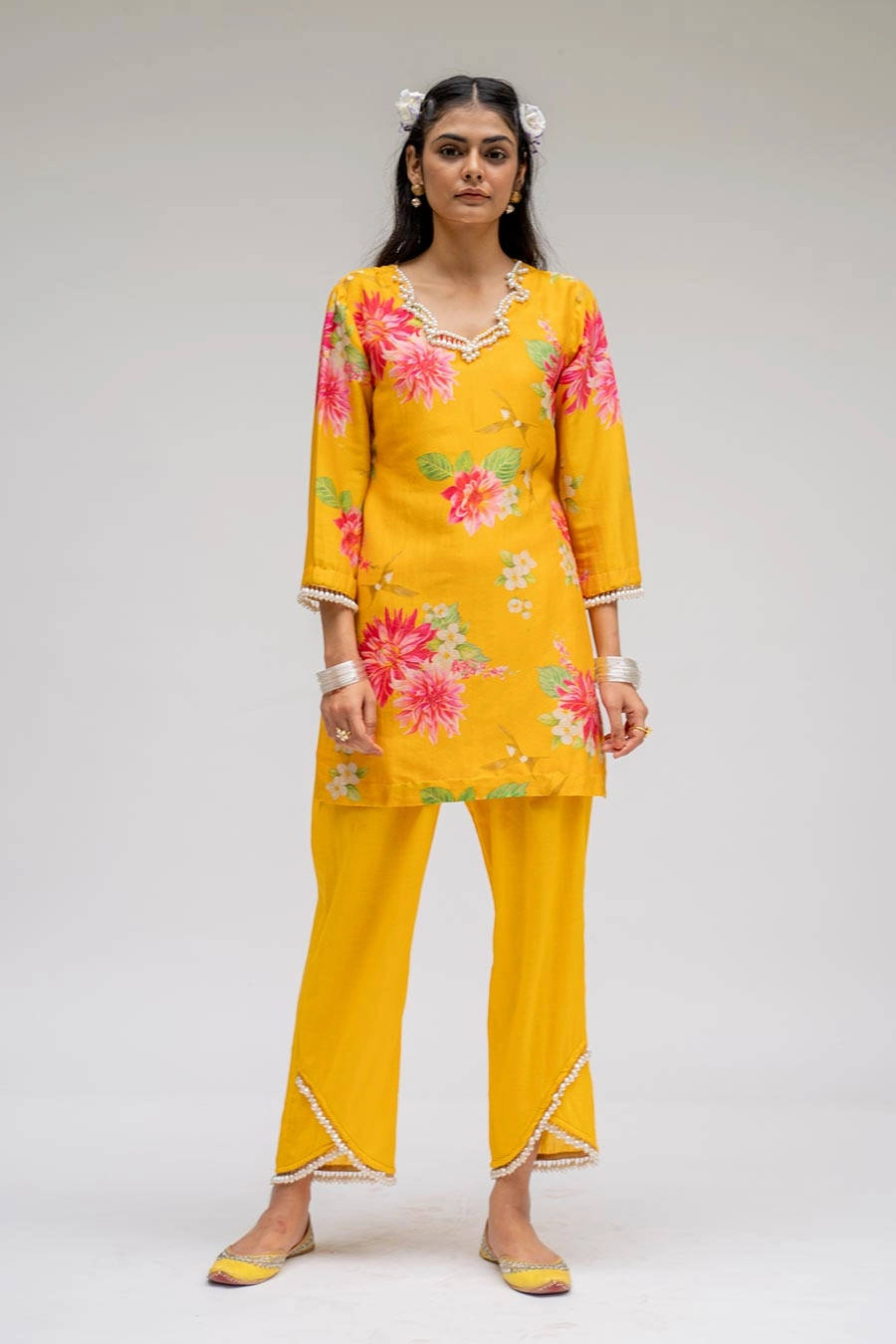 Yellow Printed Short Kurta & Pant
