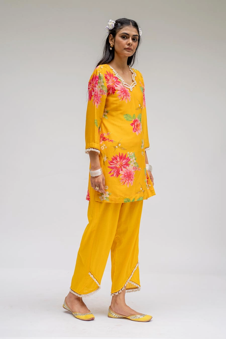 Yellow Printed Short Kurta & Pant