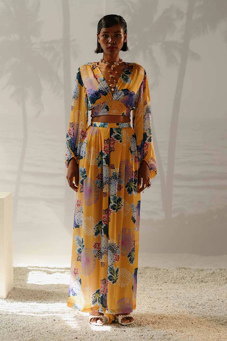 Yellow Printed Smocked Crop Top & Pant Co-Ord Set