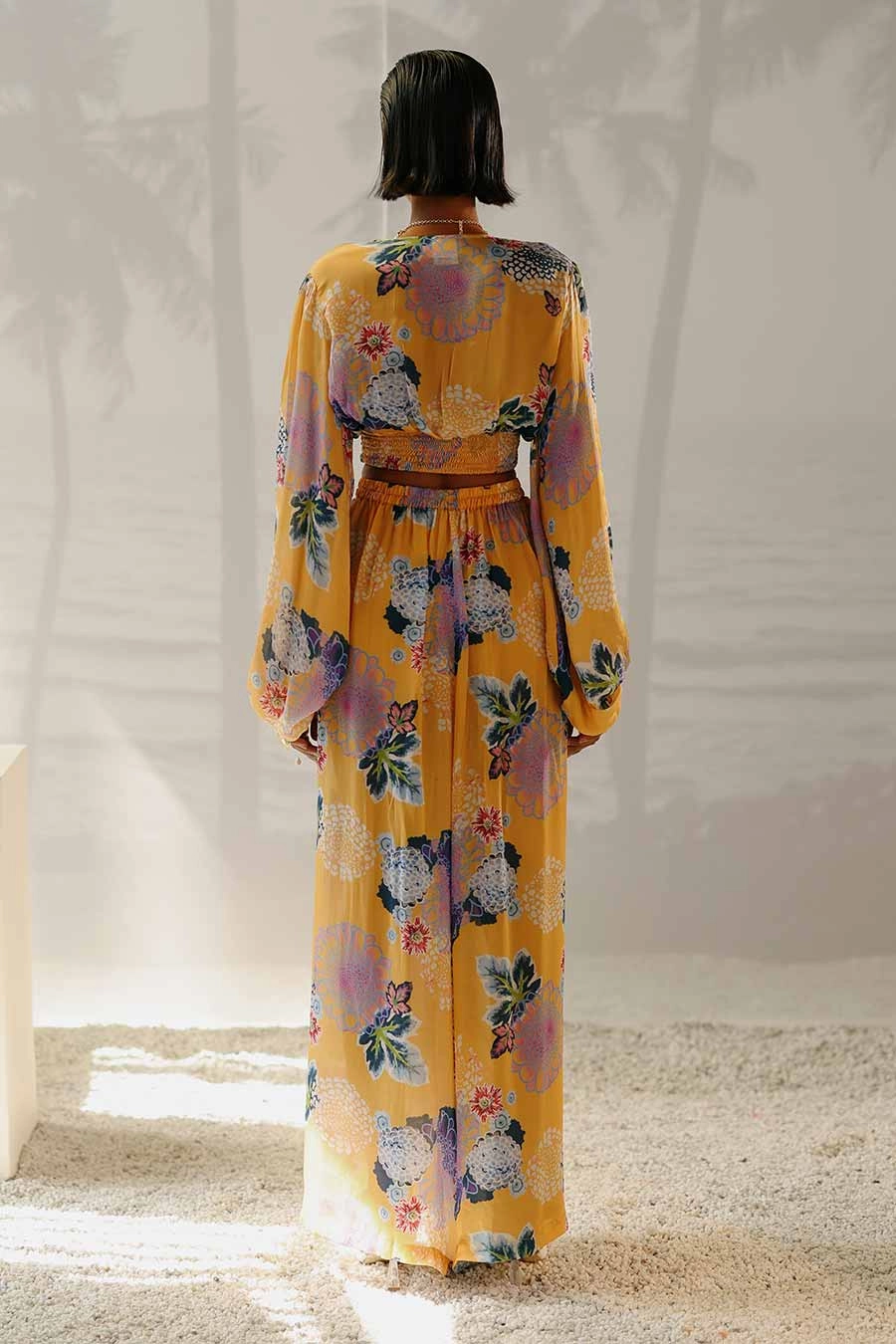Yellow Printed Smocked Crop Top & Pant Co-Ord Set