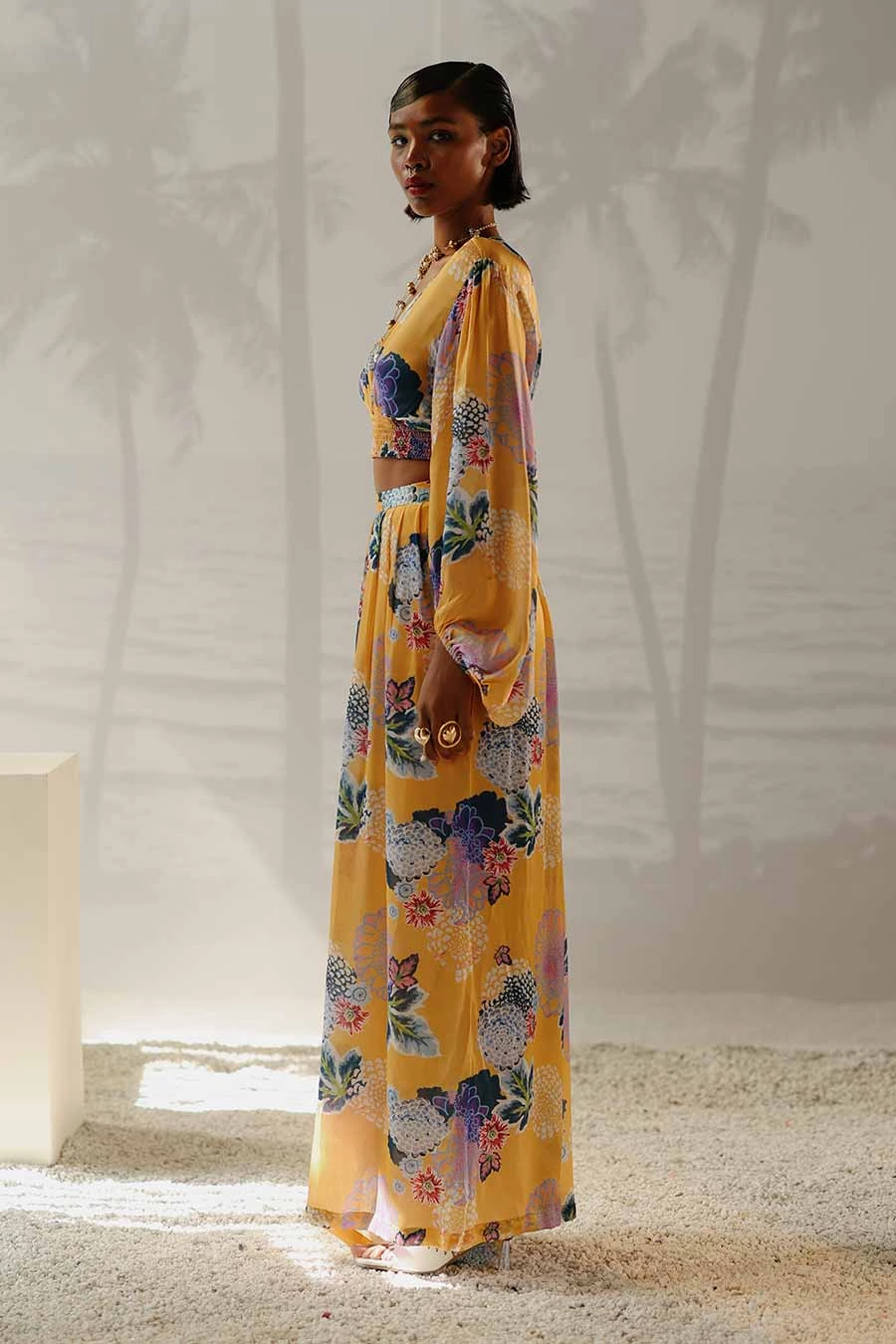 Yellow Printed Smocked Crop Top & Pant Co-Ord Set