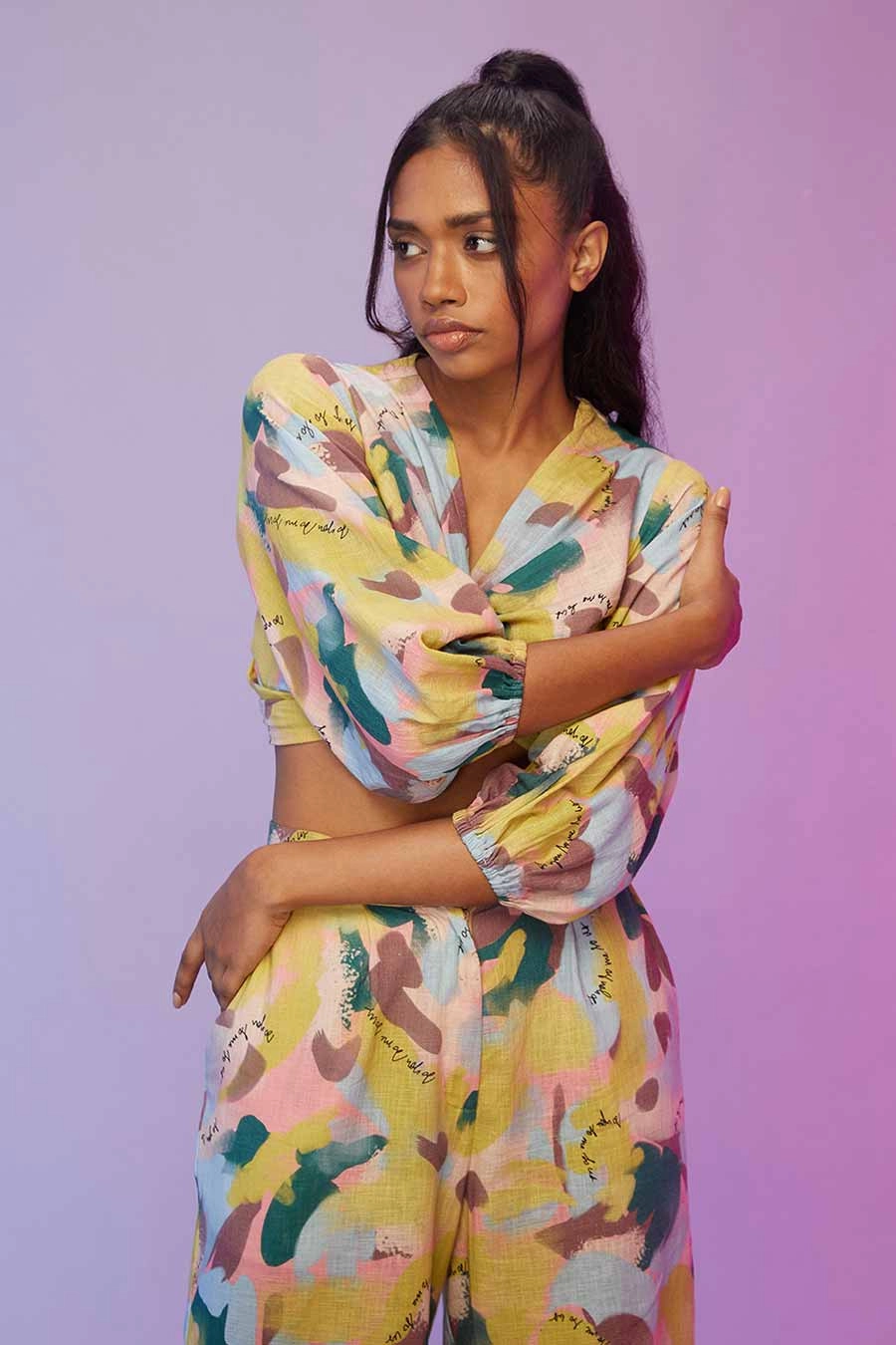 Yellow Printed Twisted Top & Pants Co-Ord Set