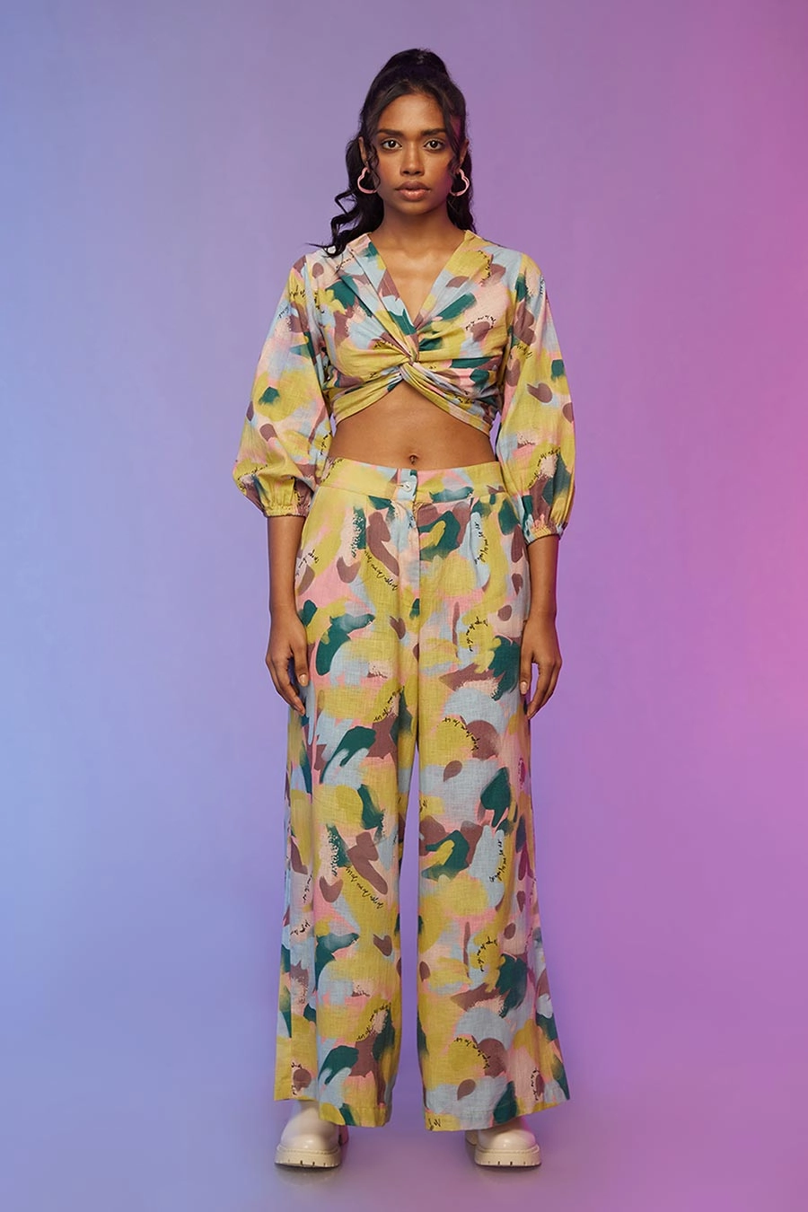 Yellow Printed Twisted Top & Pants Co-Ord Set