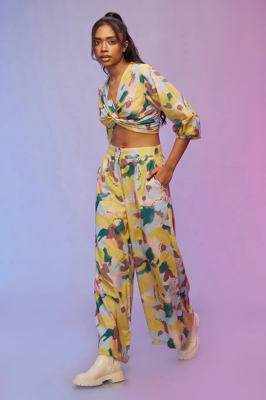 Yellow Printed Twisted Top & Pants Co-Ord Set