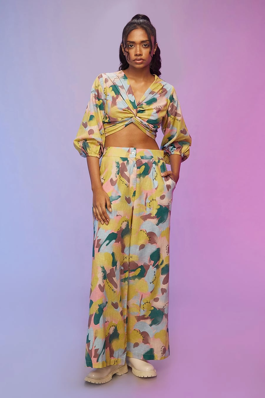 Yellow Printed Twisted Top & Pants Co-Ord Set