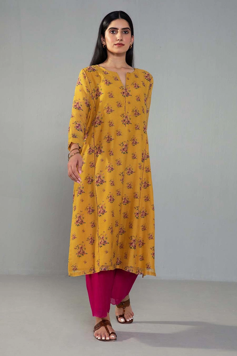 Yellow Rose Print Kurta & Pant Co-ord Set